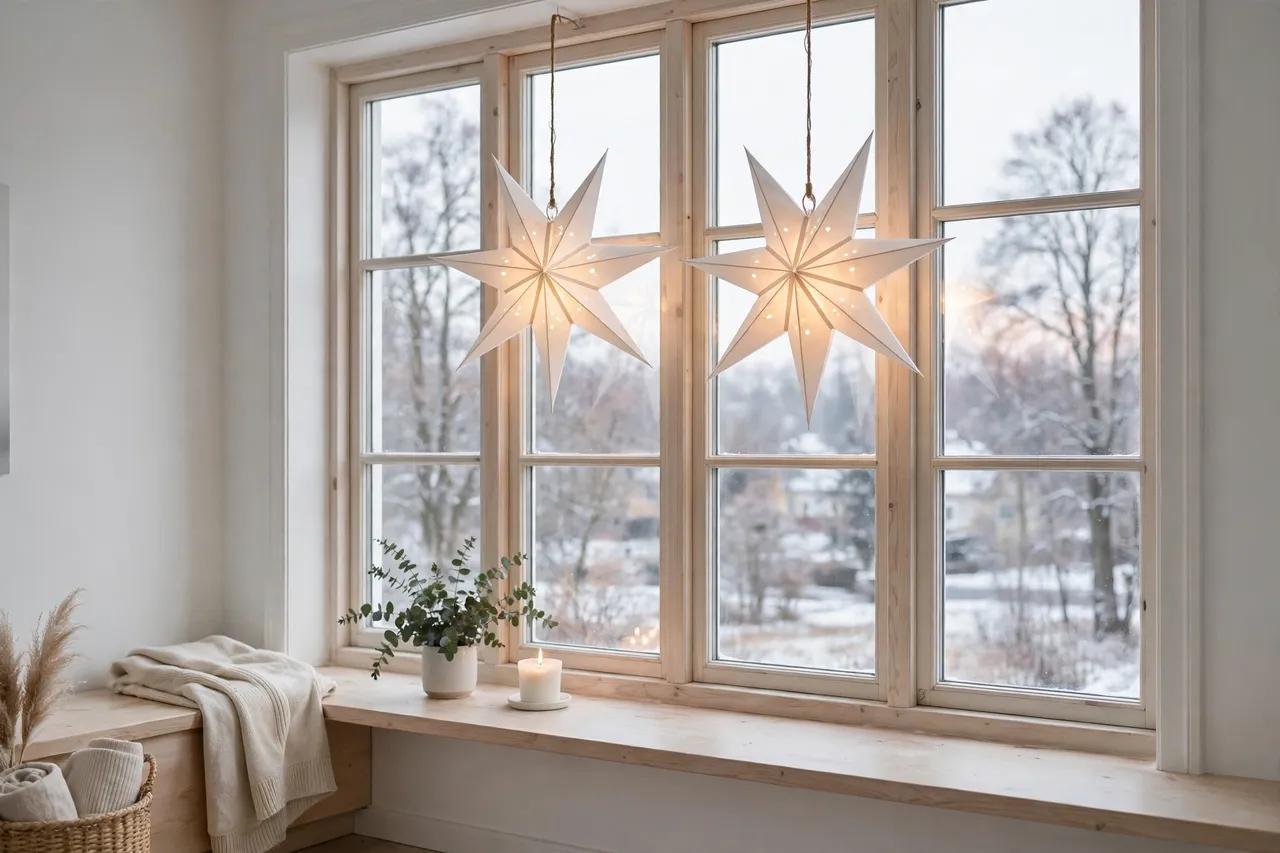 White paper star lanterns glowing in a bright window with snow outside