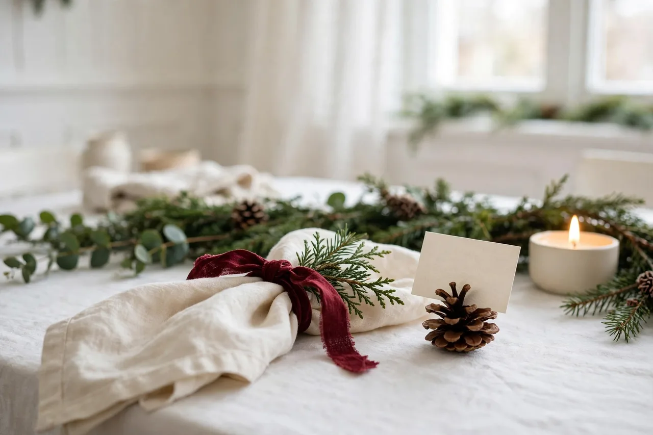 Christmas place setting with a napkin tied in burgundy ribbon, evergreen sprig and pinecone place card