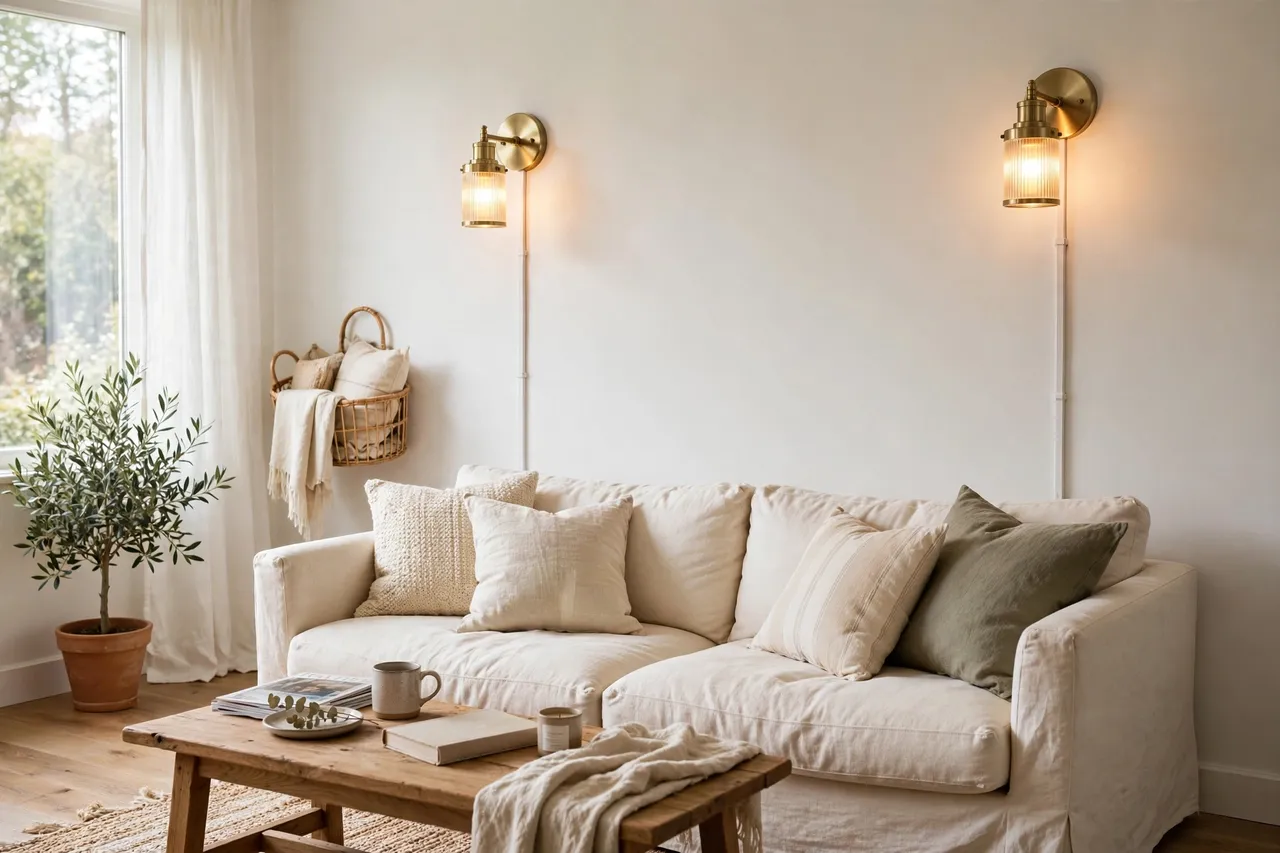 Plug-in wall sconces glowing beside a cream sofa in a bright living room