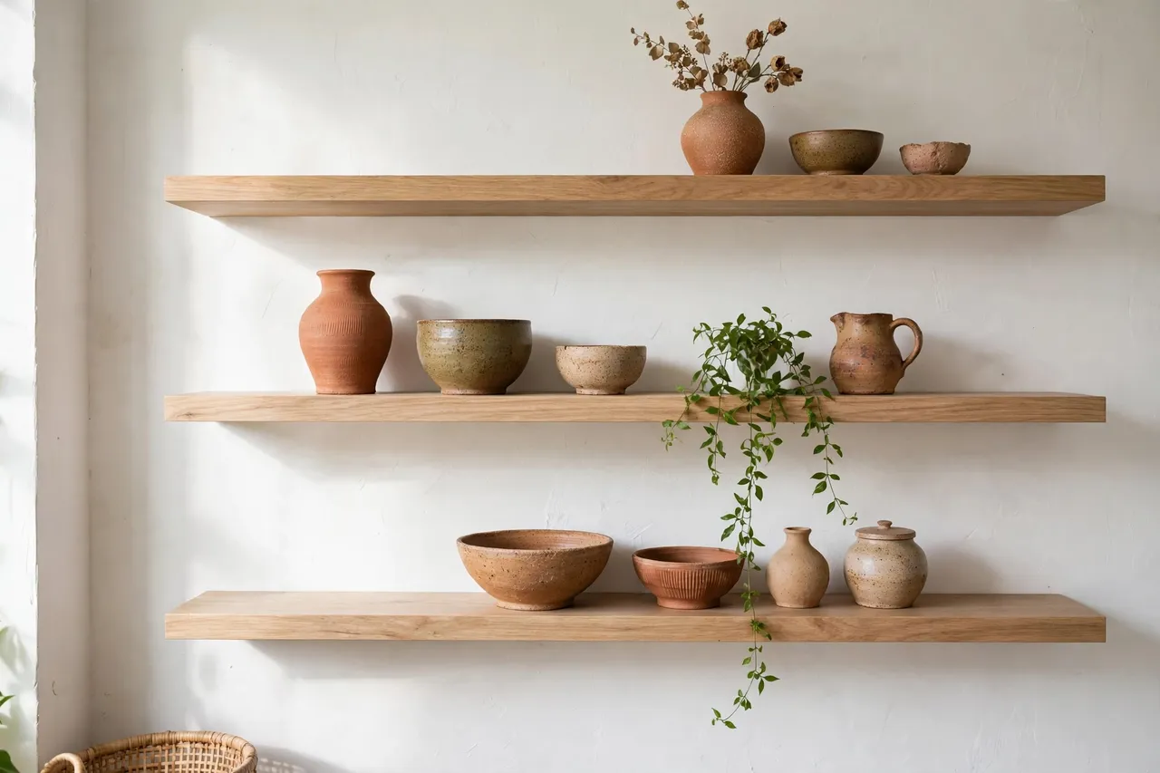Floating white shelf styled with collected clay and terracotta pottery vases and bowls