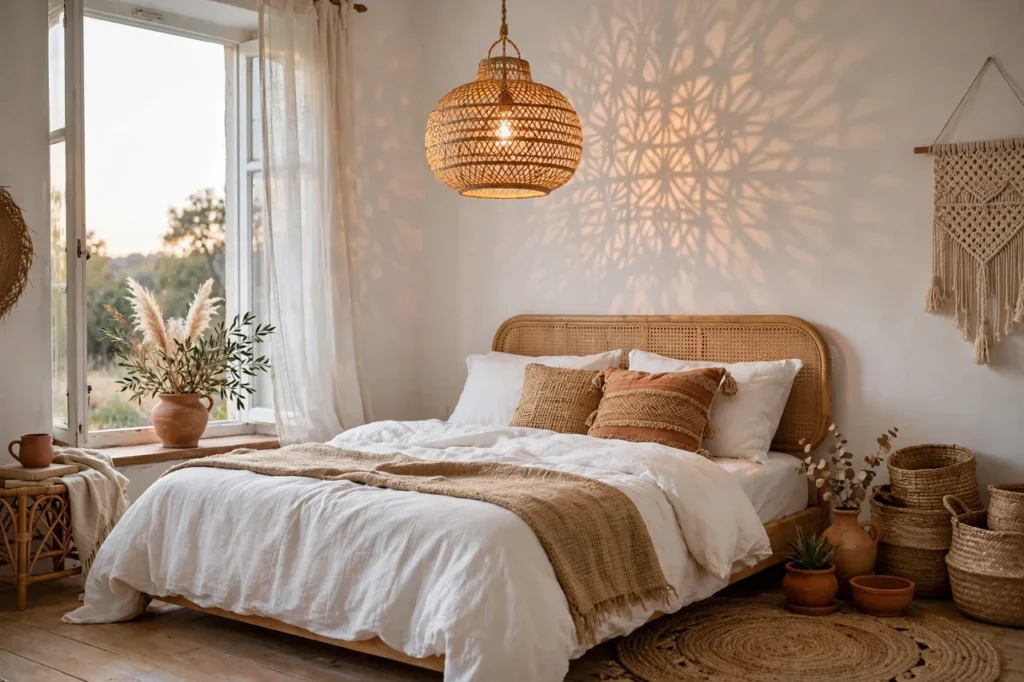 Woven rattan pendant shade glowing above a boho bed