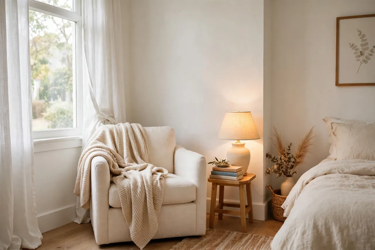 Cozy reading corner with a cream armchair, warm lamp and a small stack of books