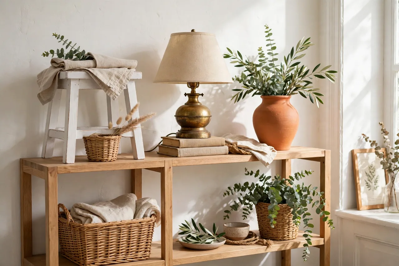 Budget route on one shelf: restyle, thrifted lamp and a painted piece