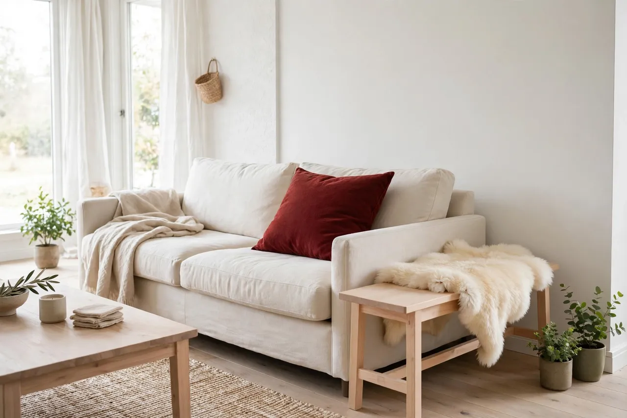 Single deep red cushion on a cream sofa with a sheepskin throw