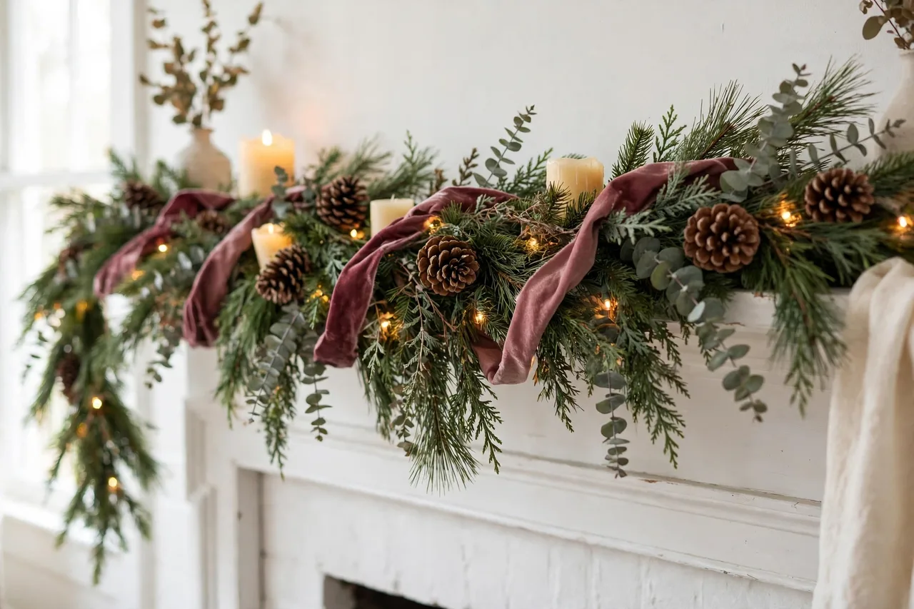 Burgundy velvet ribbon woven through a mantel garland with pinecones