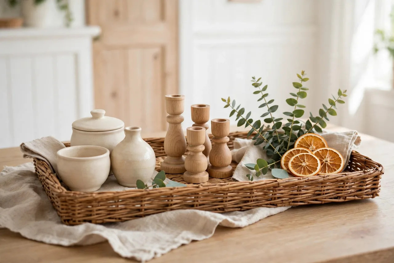 Objects clustered in threes on a tray: the budget styling rules in one scene