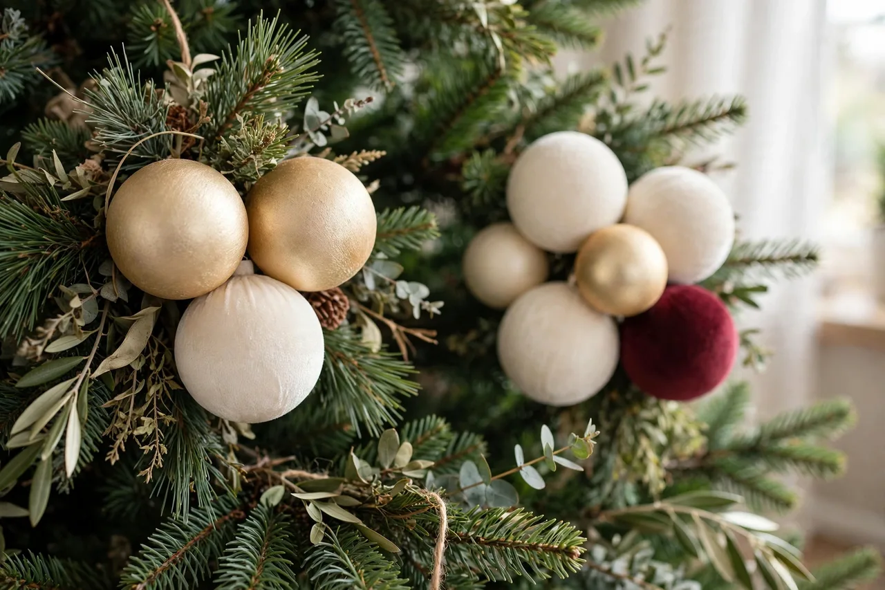 Ornaments clustered in groups of three and five on a tree branch