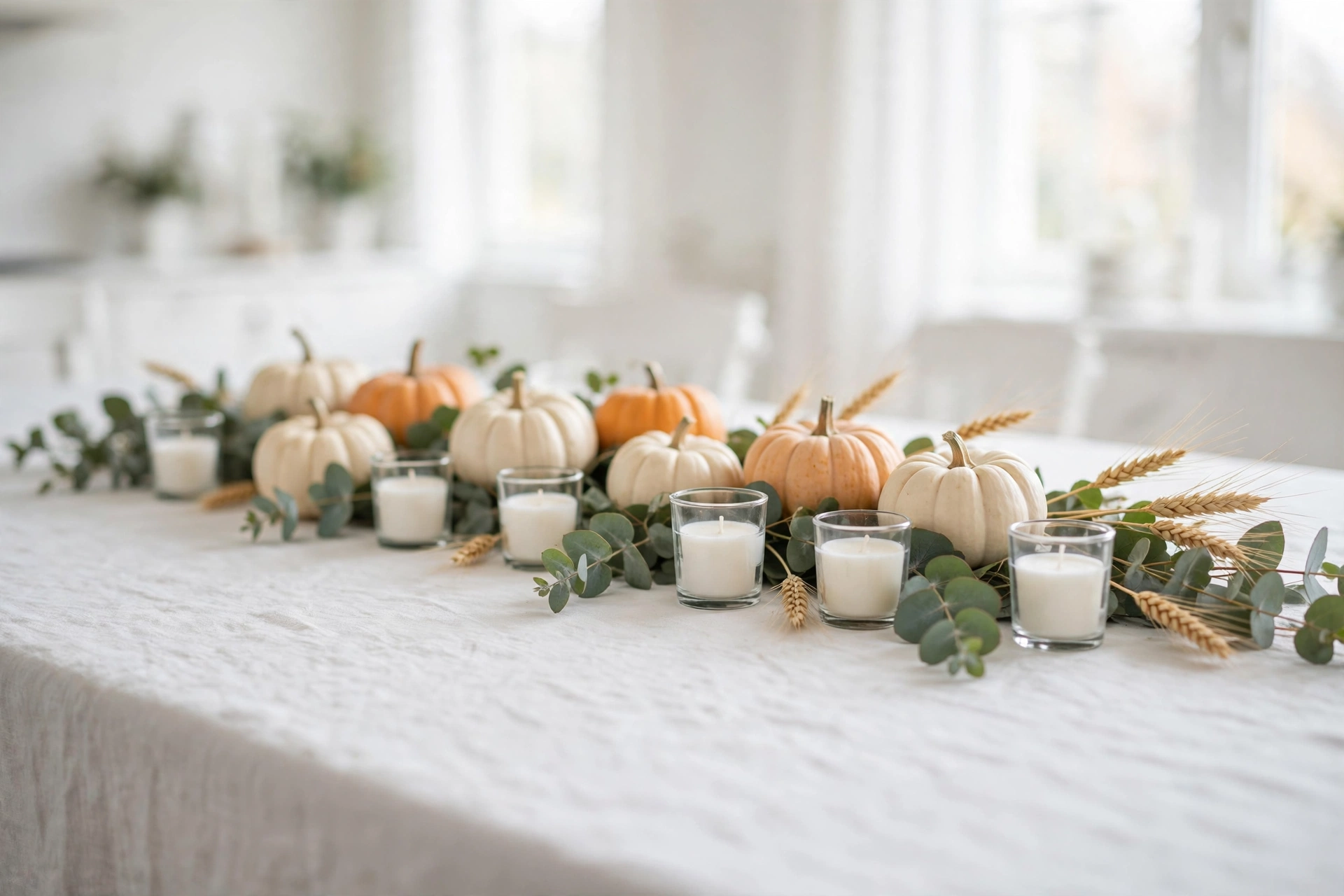 low thanksgiving centerpiece — eucalyptus runner with baby pumpkins and votive candles