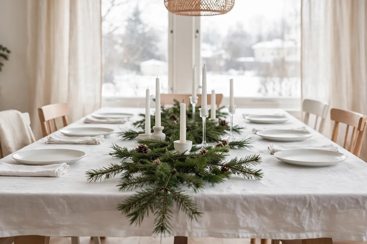 Scandinavian Christmas table with white linen, greenery runner and candles