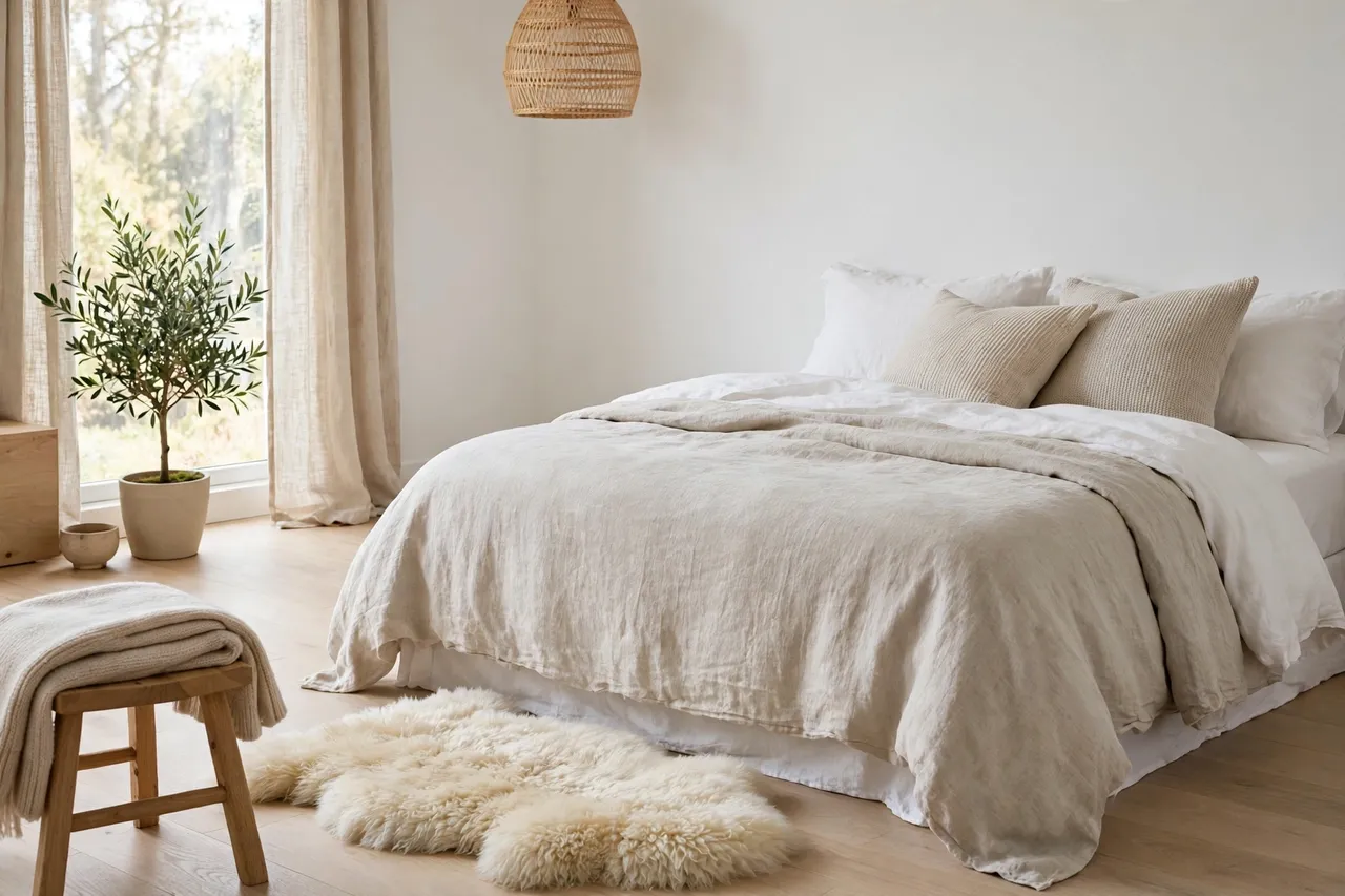 Sheepskin rug beside a bed on a light wood floor in a bright bedroom