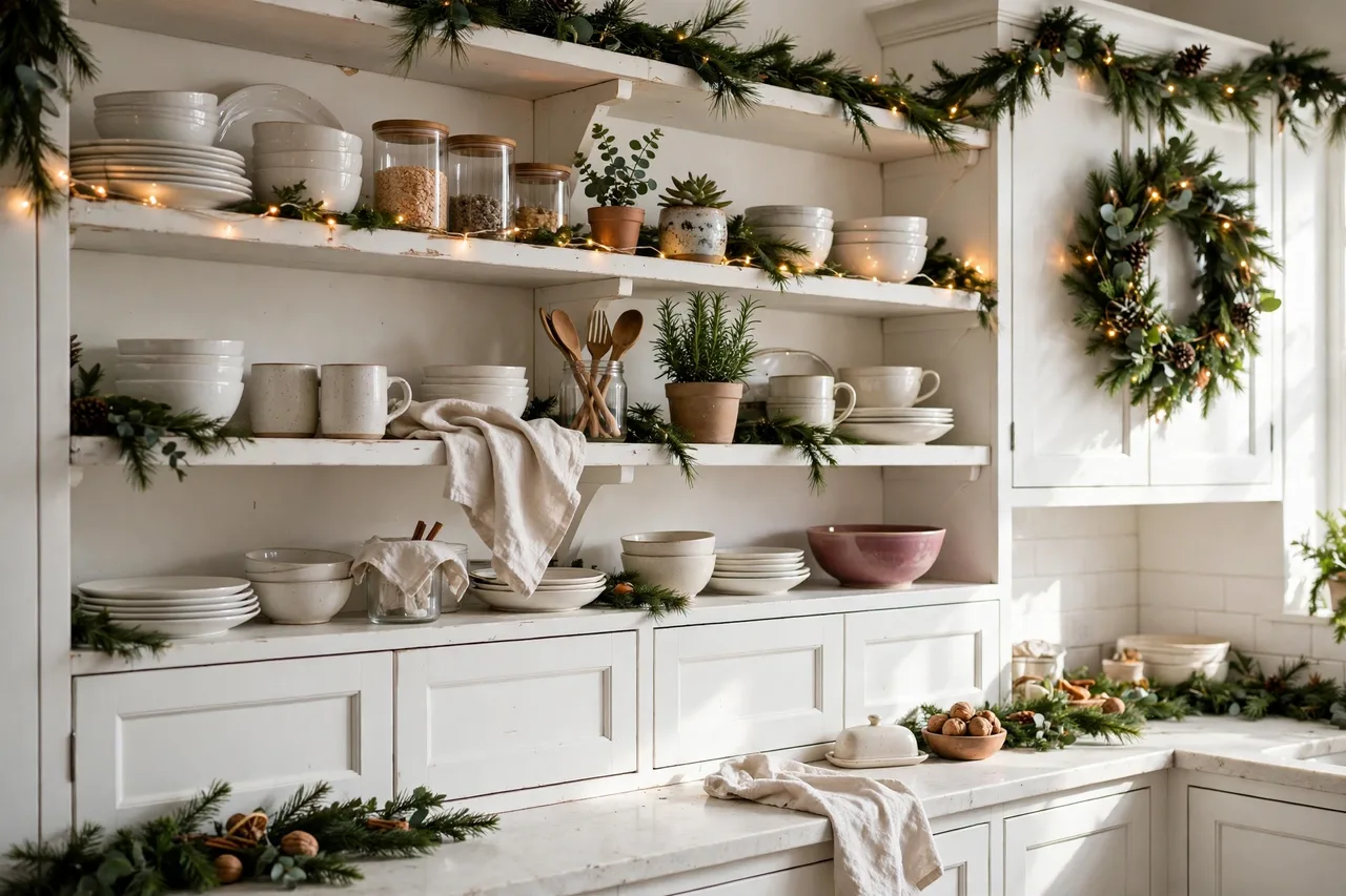Open kitchen shelves with dishes, plants and fairy lights