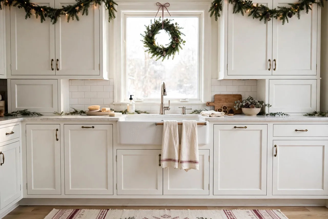 Kitchen sink area with festive towels, a runner and a wreath above the window