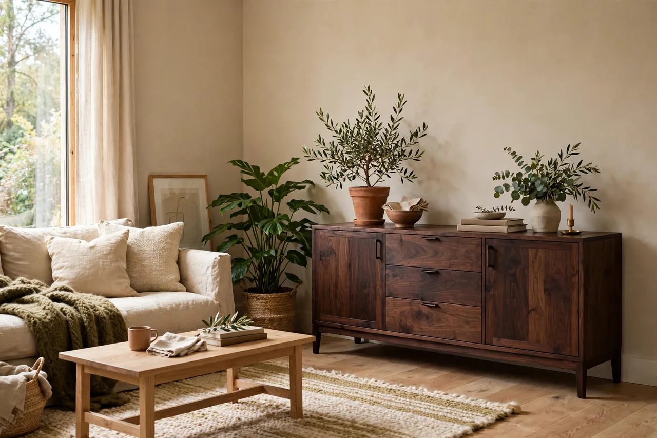 Warm neutrals balanced by deep walnut wood and one black frame
