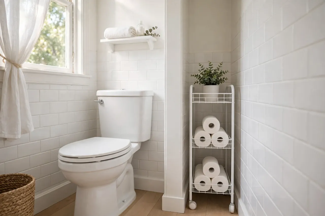 Slim white rolling cart tucked between a toilet and a white wall with spare rolls