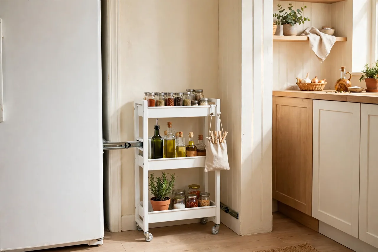 Slim rolling cart in the gap beside a fridge holding spice jars and oil bottles