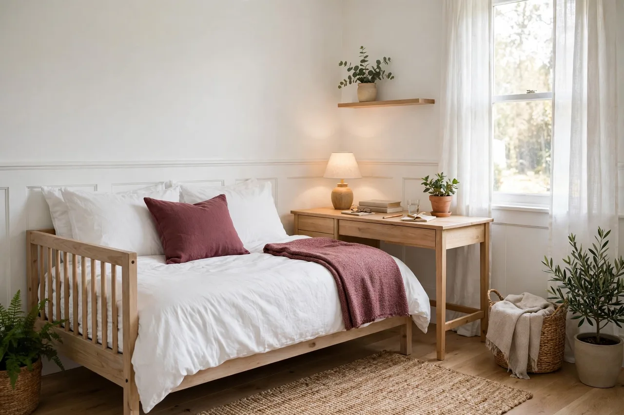 Small room with a daybed dressed for guests and a desk as nightstand