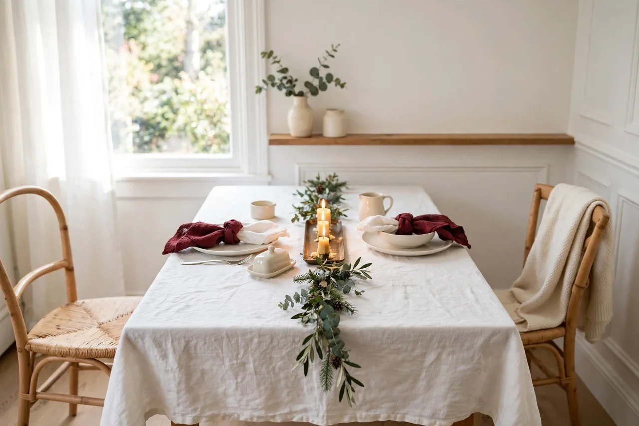 Small narrow dining table set for Christmas with a slim garland and candle tray