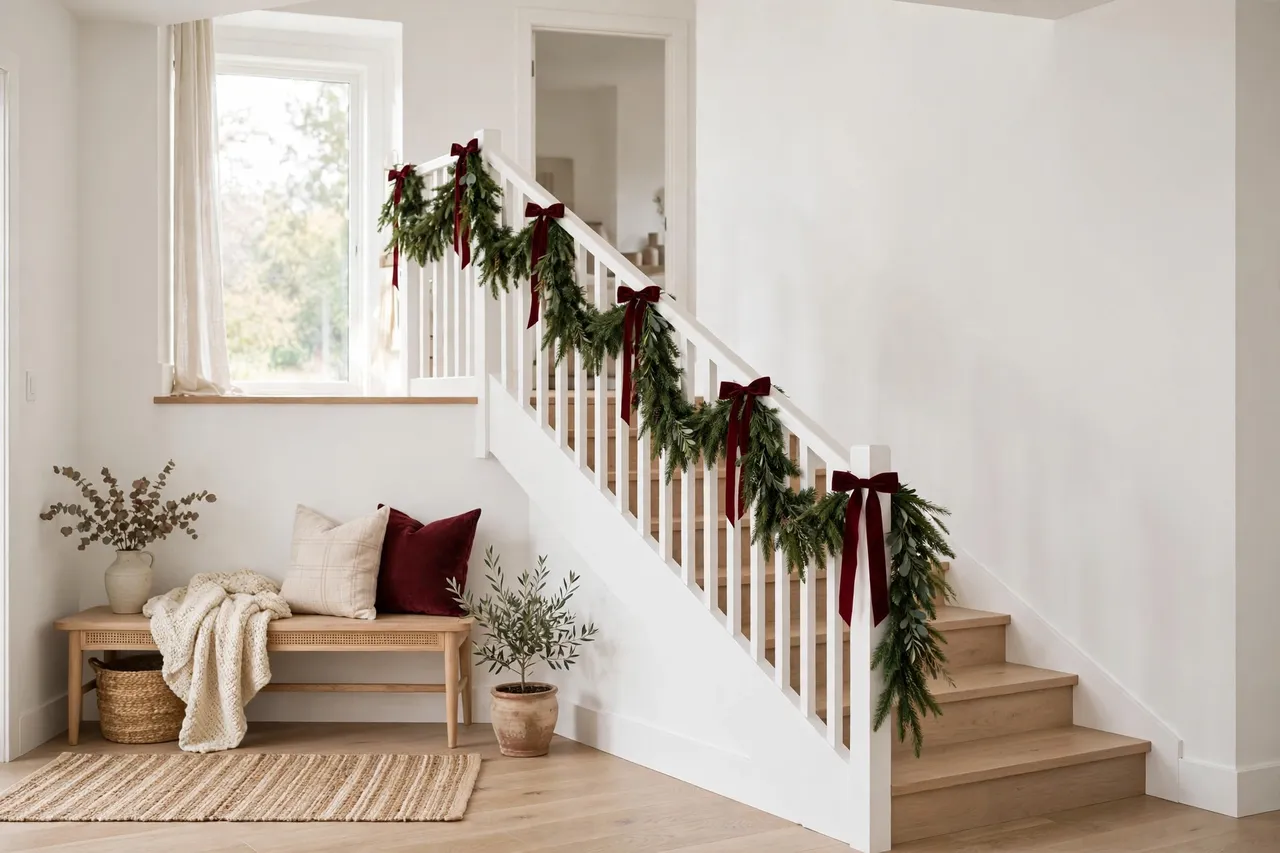 Christmas garland tied to a white staircase railing with burgundy ribbons