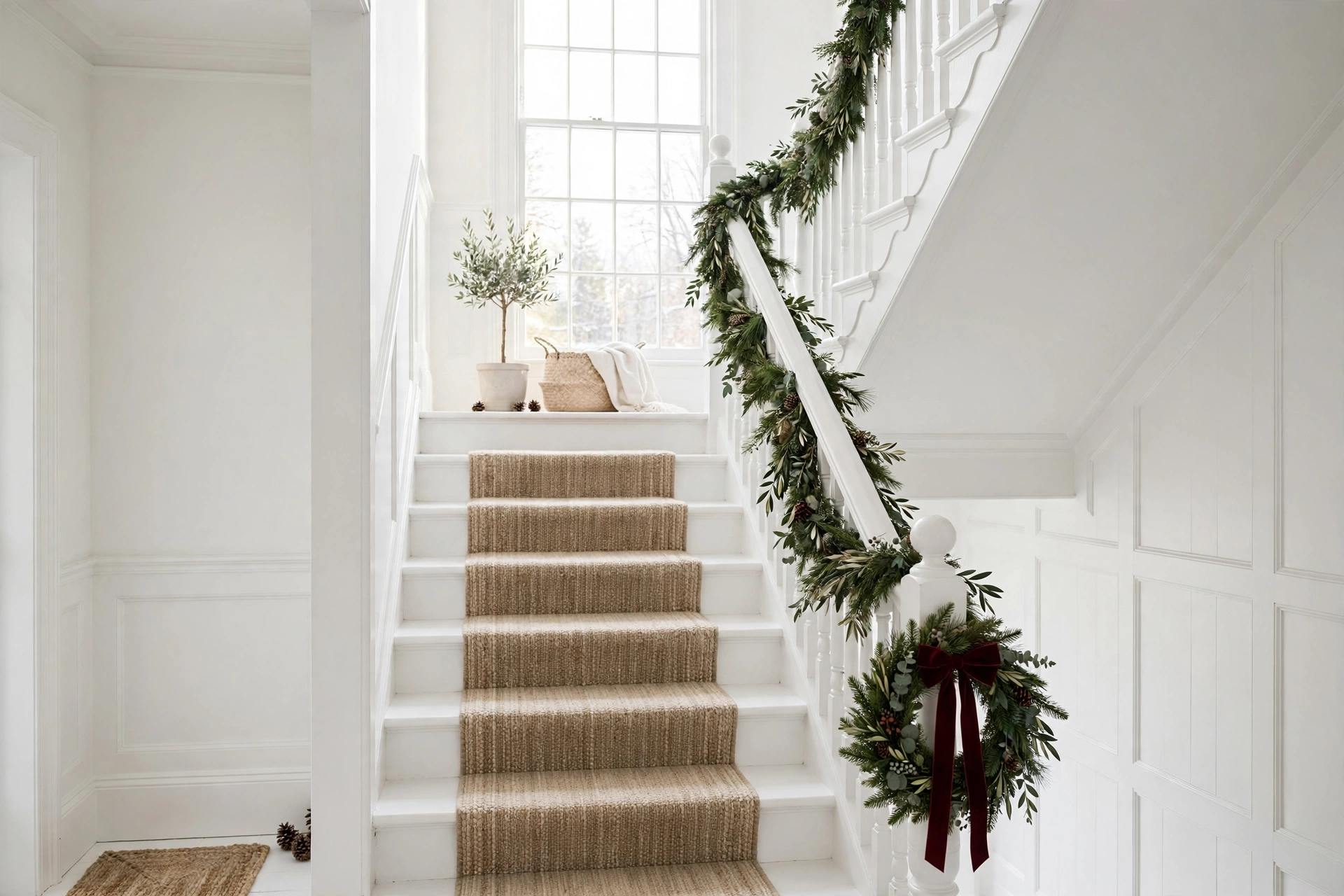 christmas wreath on a staircase newel post with garland
