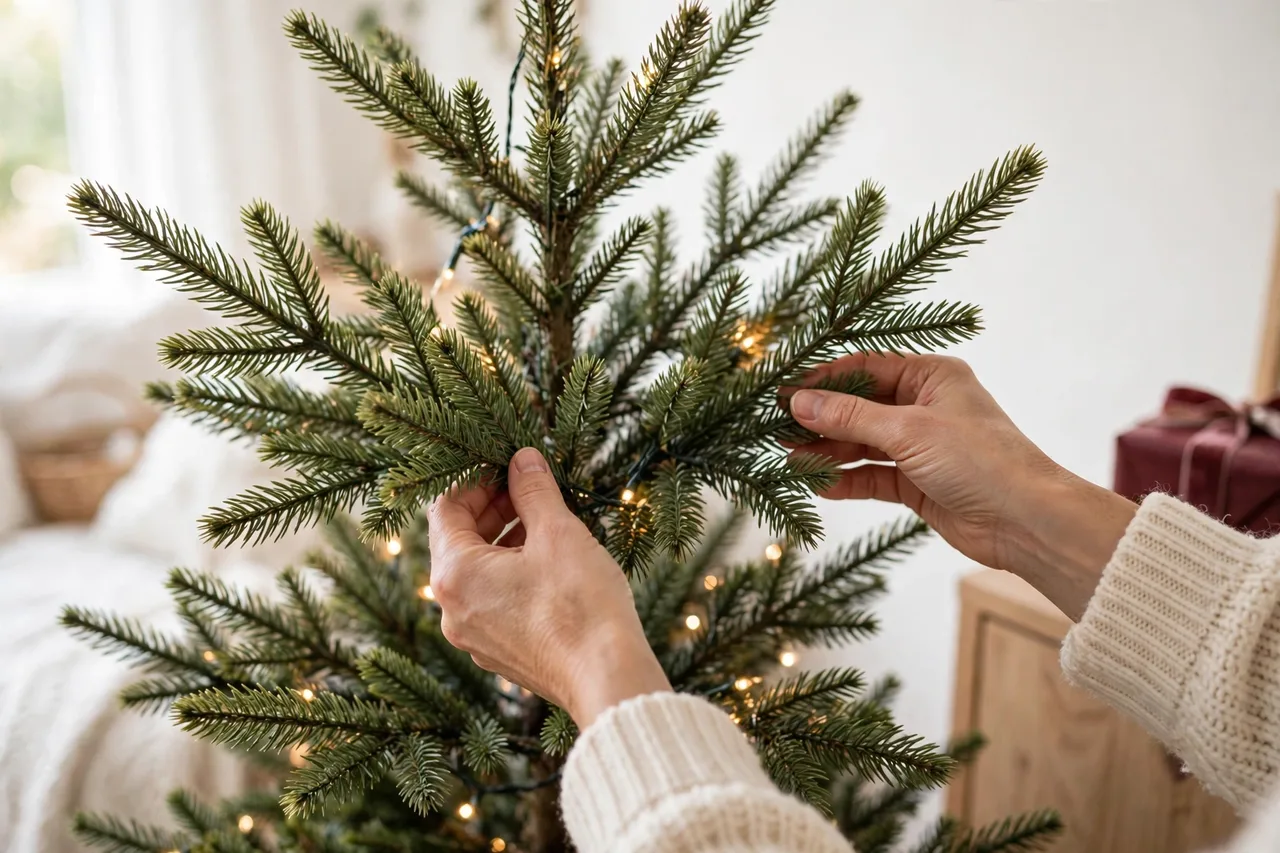 Hands fluffing and shaping Christmas tree branches