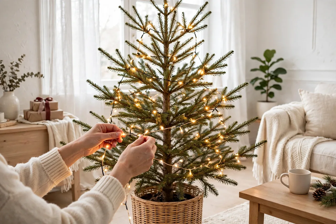 Weaving warm Christmas lights deep into tree branches