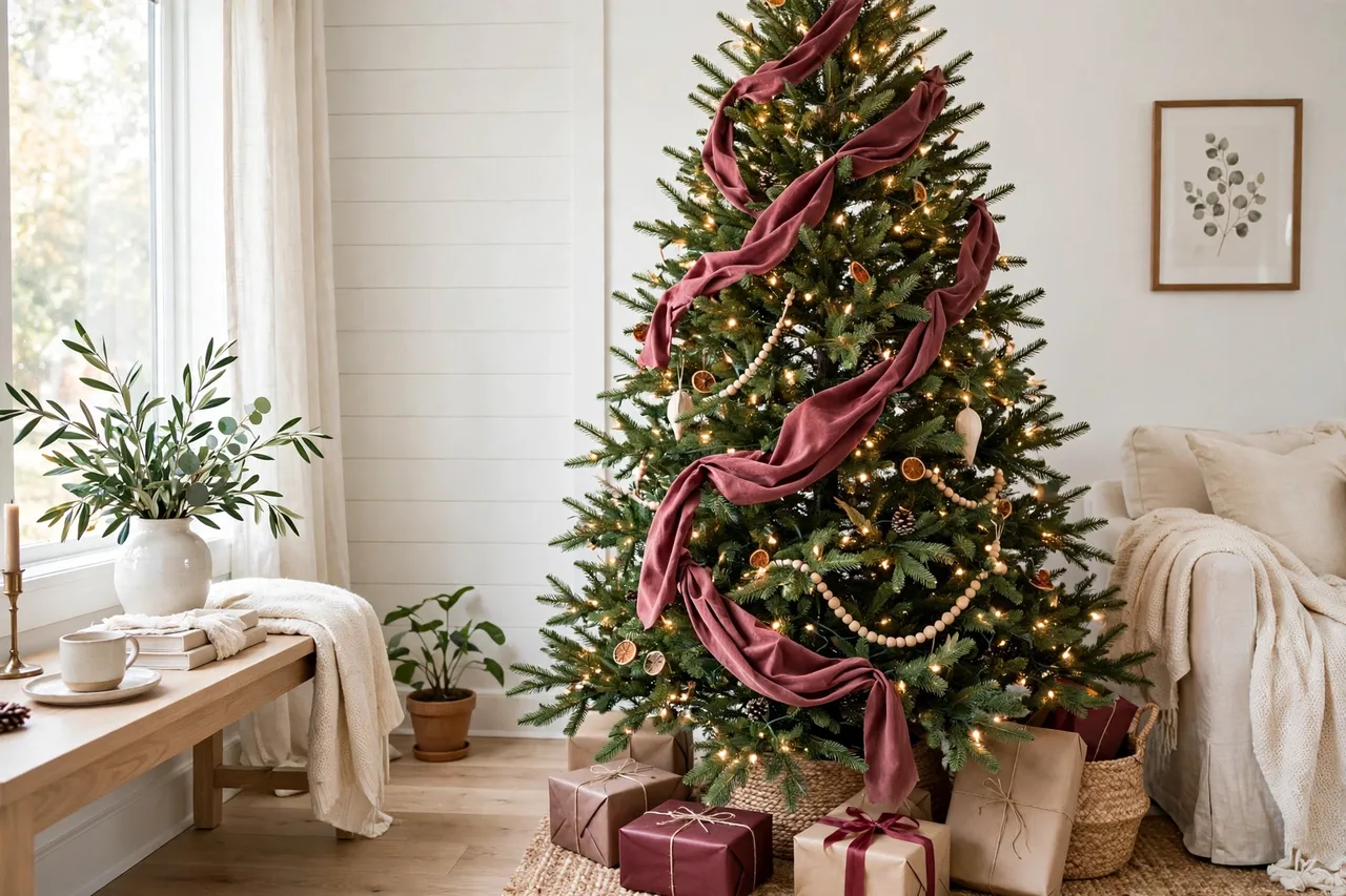 Burgundy velvet ribbon cascading down a Christmas tree