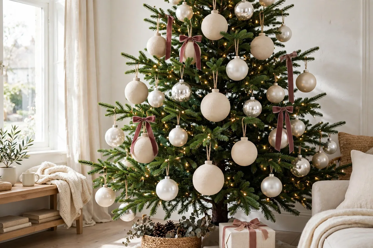 Large ornaments hung deep inside Christmas tree branches