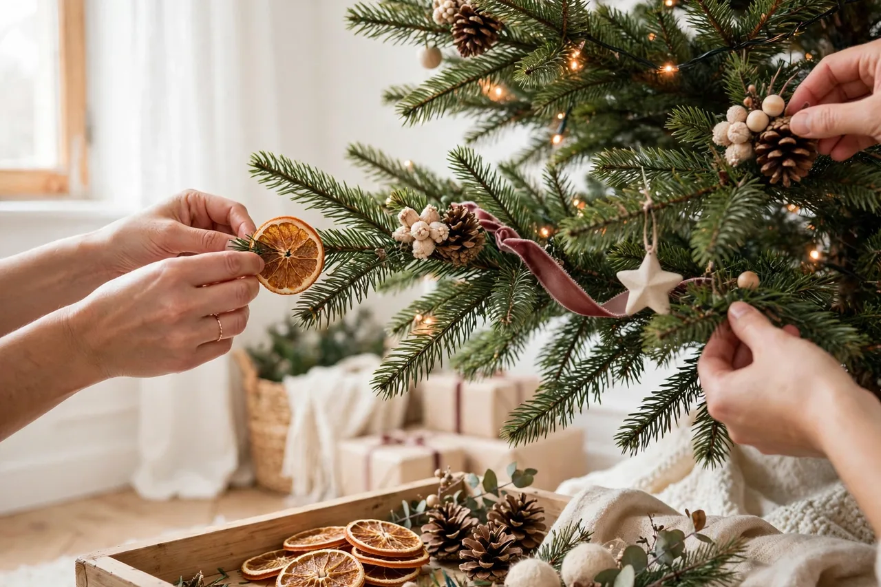 Small filler ornaments and pinecones tucked into Christmas tree tips