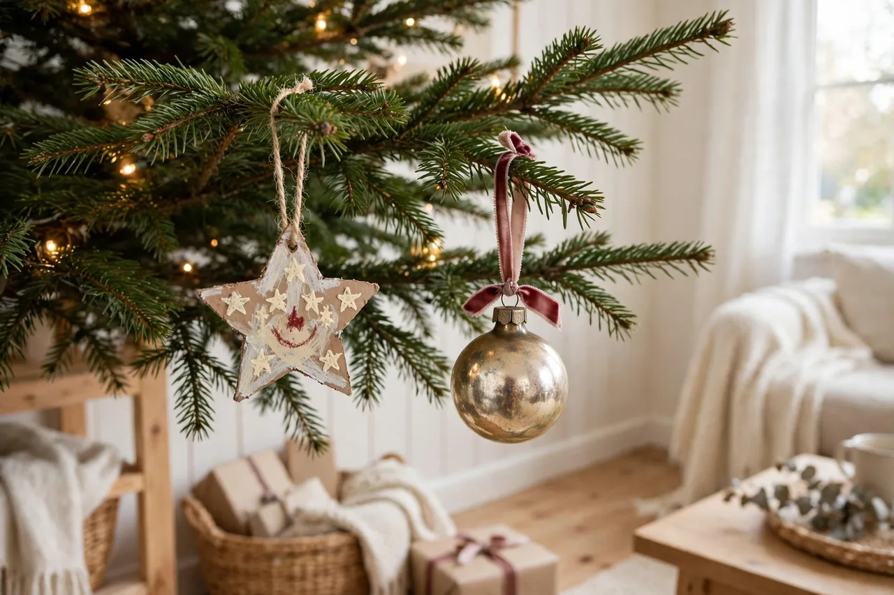 Handmade and vintage ornaments at eye level on a Christmas tree