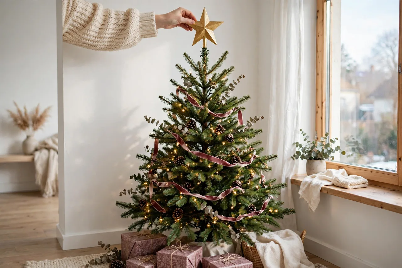 Gold star tree topper being placed on a decorated Christmas tree