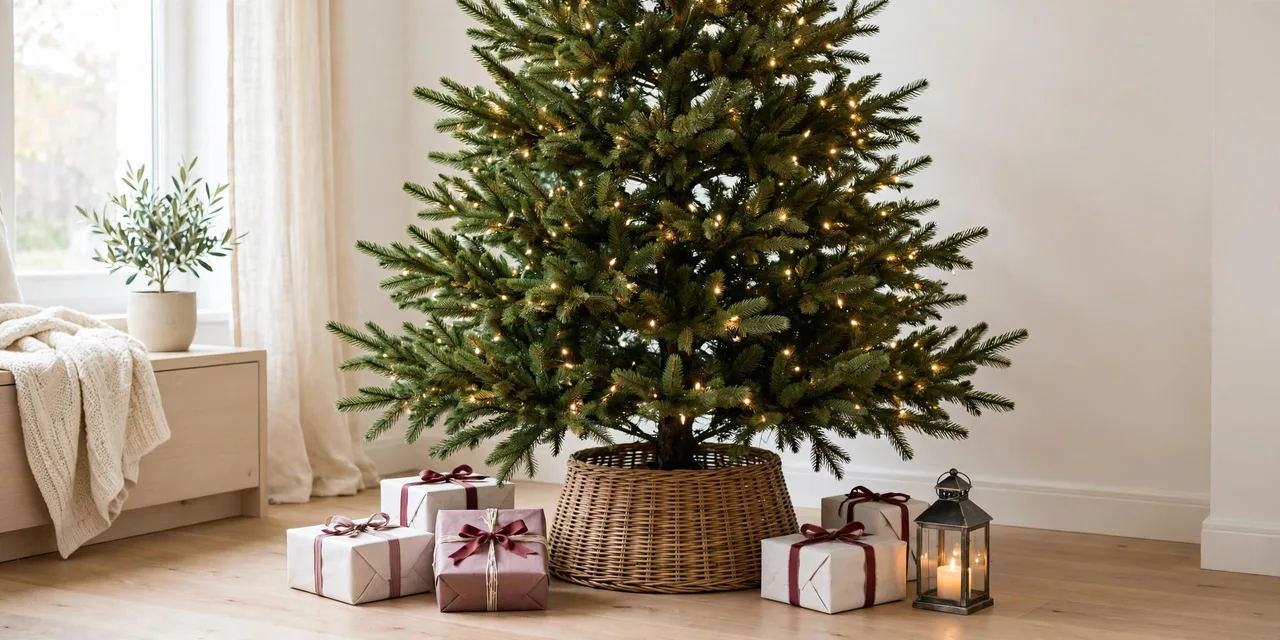Christmas tree collar with wrapped gifts and a lantern at the base