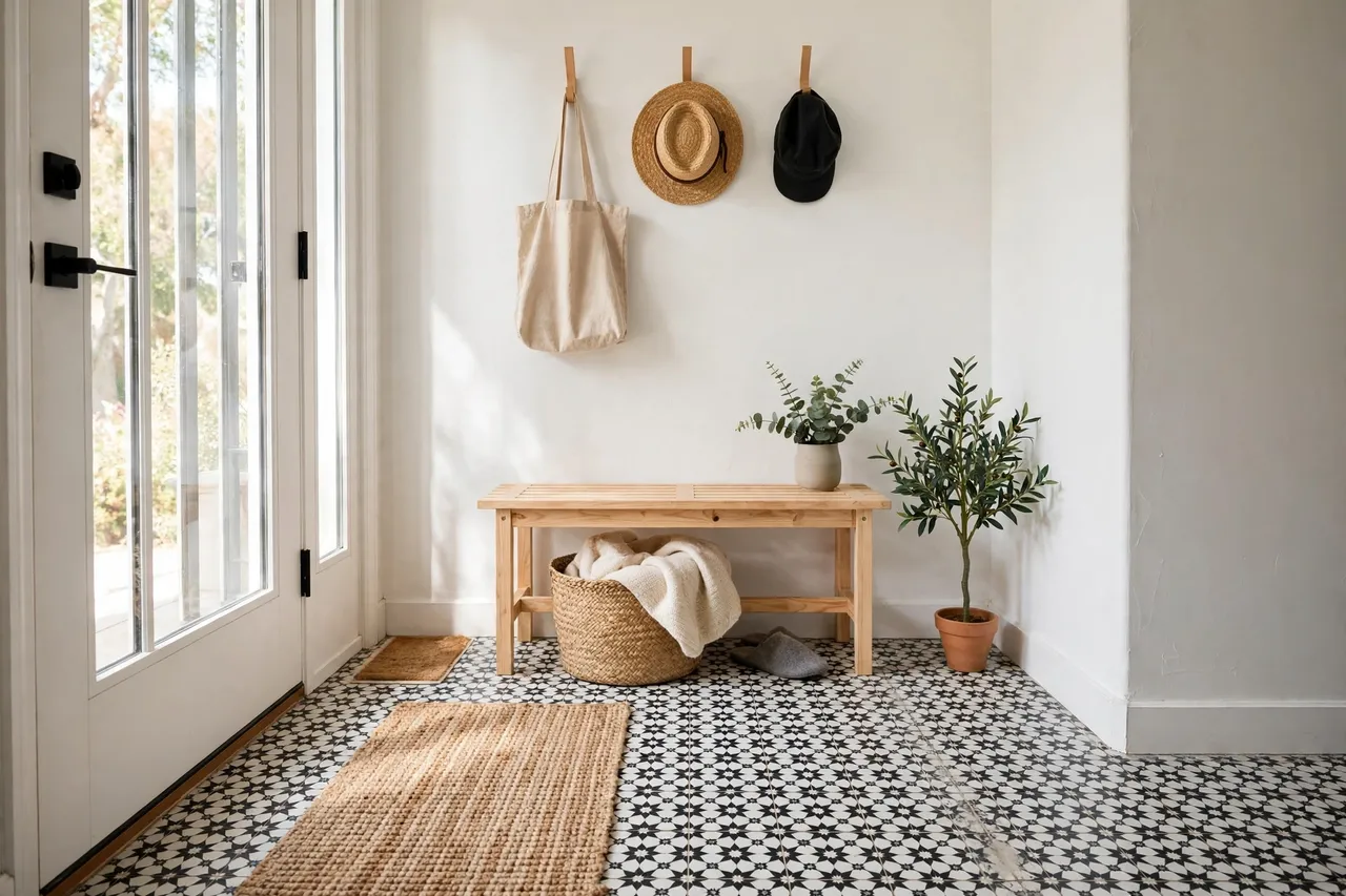 Peel and stick floor tiles in a bright small entryway with a woven rug