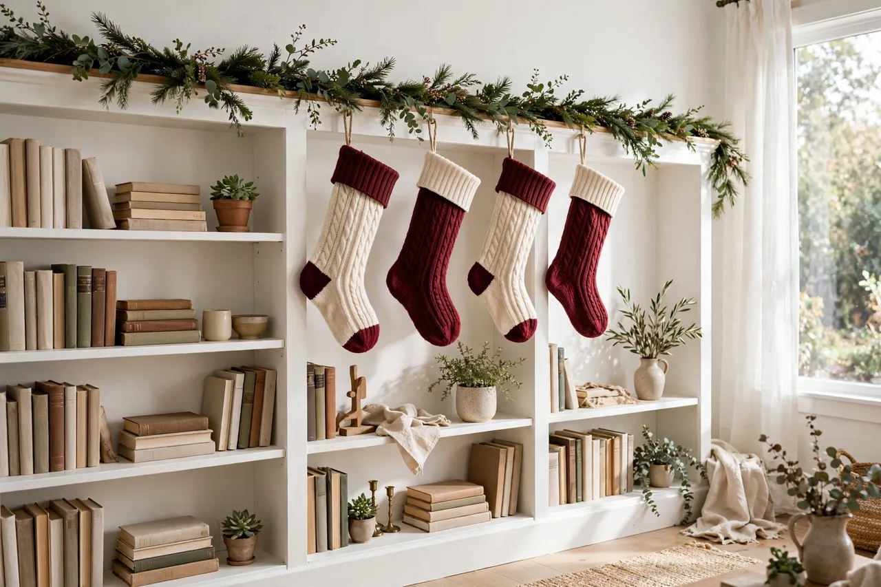 Christmas stockings hanging from a white bookshelf with removable hooks