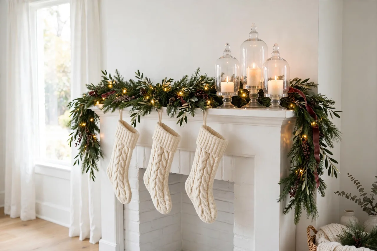 Cream stockings and candles glowing on a Christmas mantel