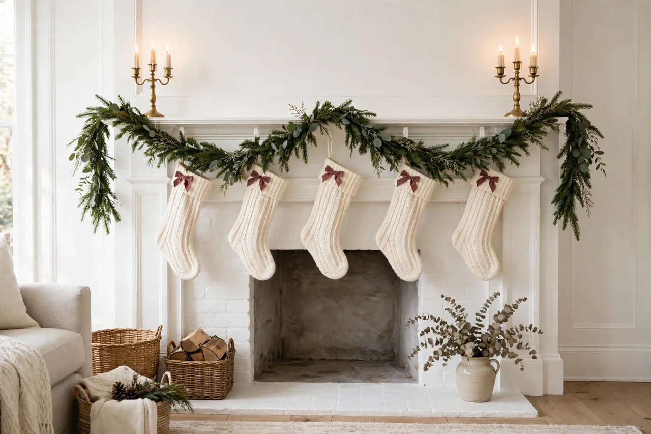 Symmetrical Christmas mantel with matching candlesticks and stockings