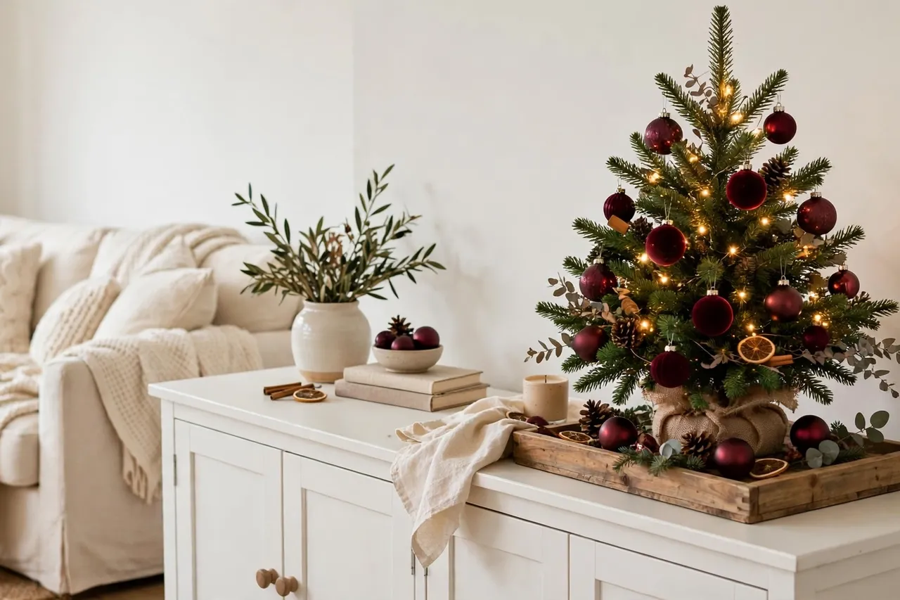Tabletop mini Christmas tree styled on a tray in a bright living room