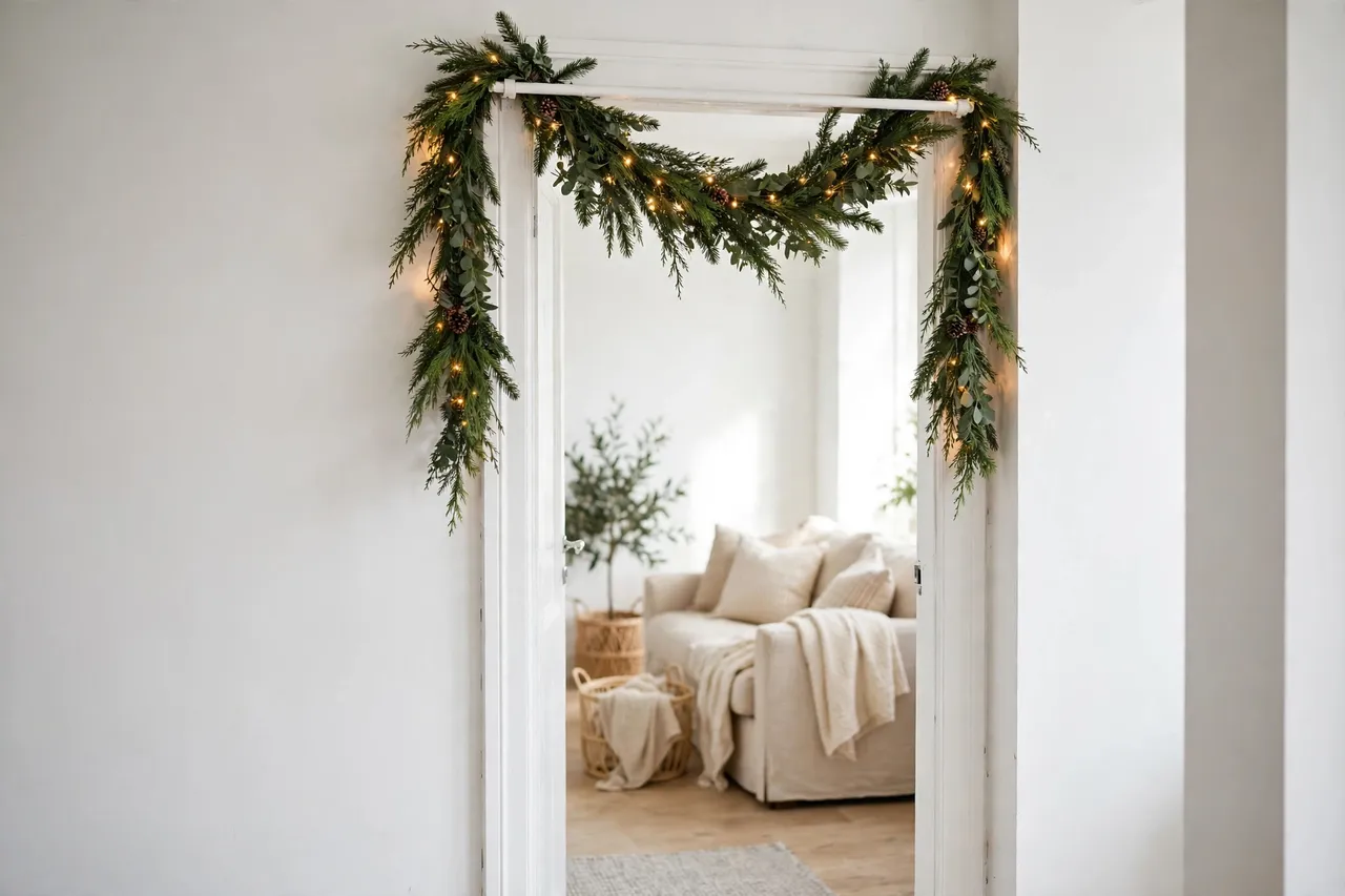 Green garland draped on a tension rod across a bright doorway