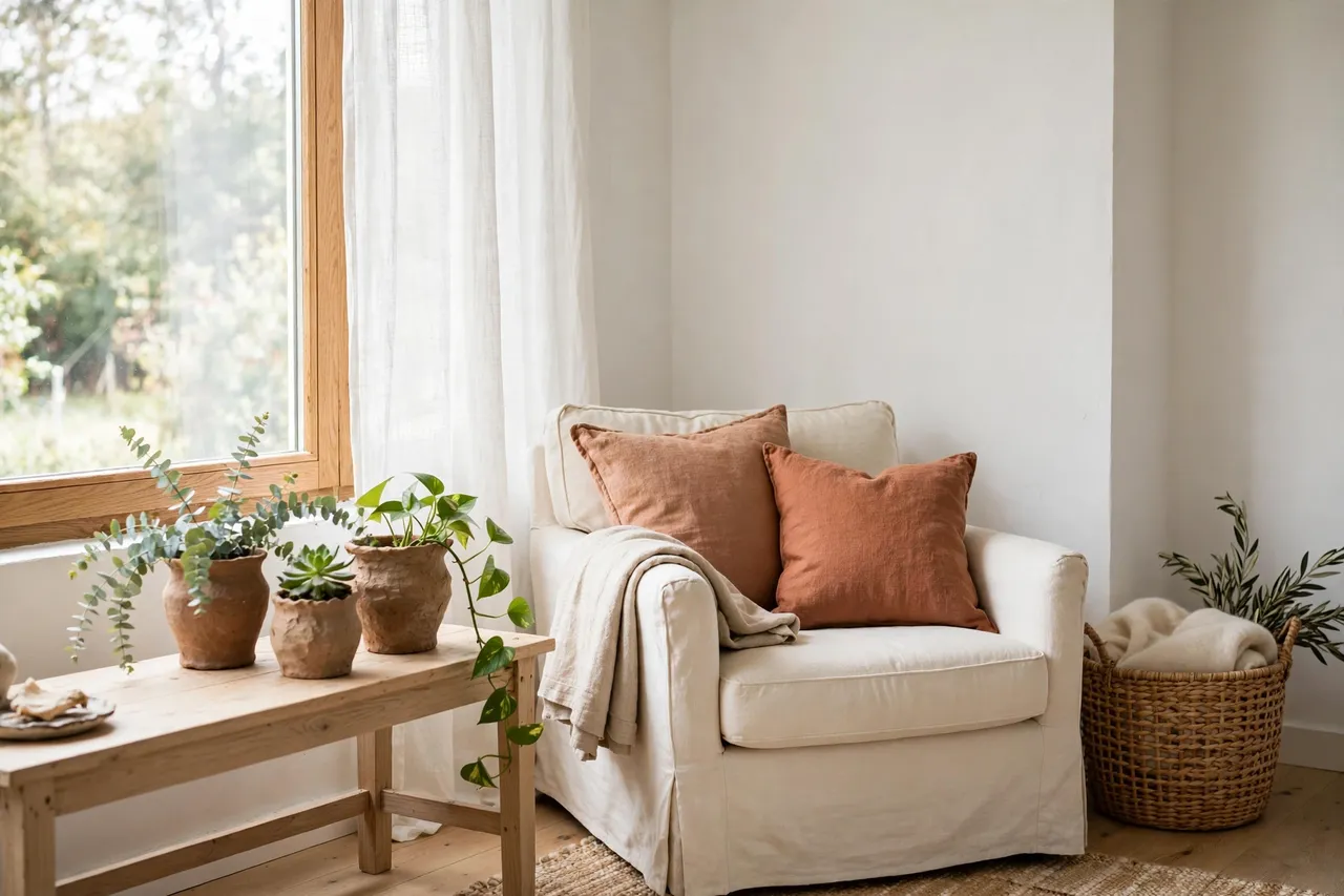 Terracotta cushions and handmade clay pots in a sunny plant corner