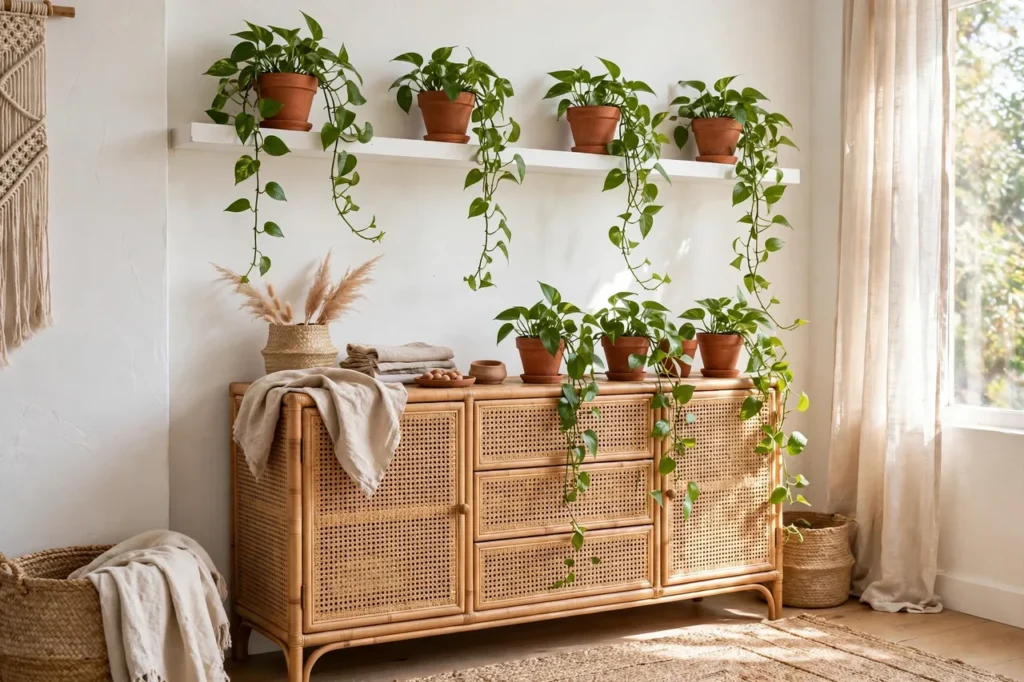 Terracotta pots with trailing plants on white shelves in a boho bedroom