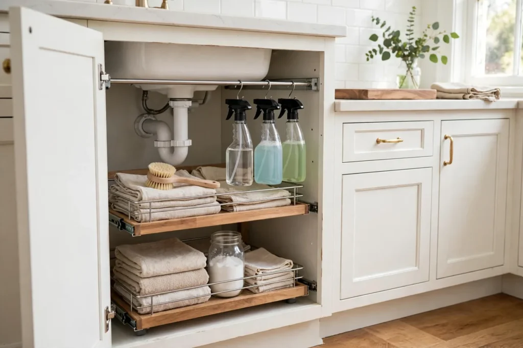 Under-sink cabinet with a two-tier pull-out organizer and spray bottles on a tension rod