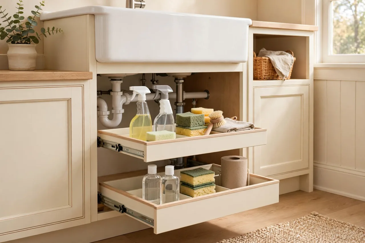 Two-tier pull-out organizer under a kitchen sink with cleaning bottles