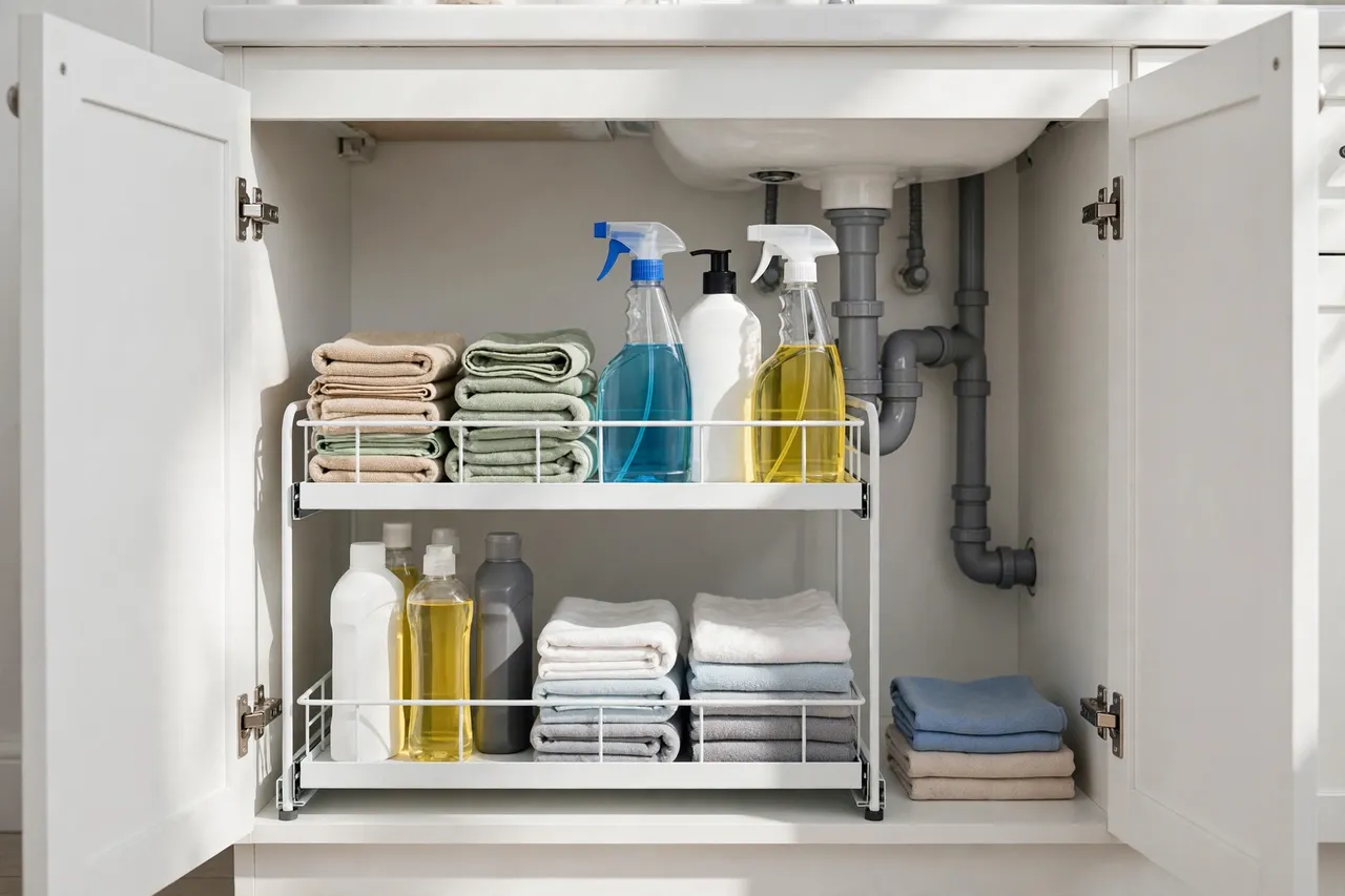 Two-tier pull-out organizer under a bathroom sink with bottles and towels