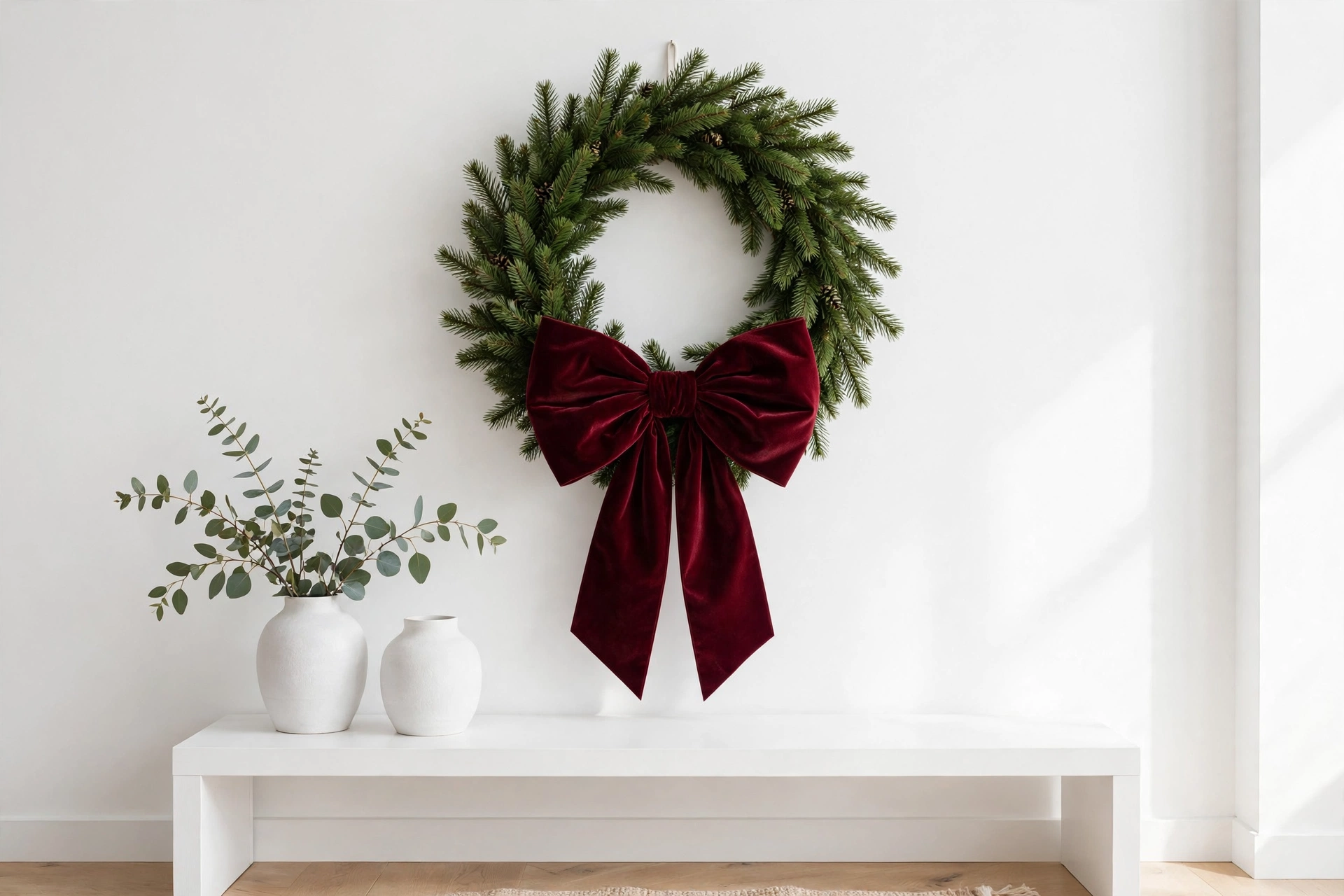 velvet bow christmas wreath — one oversized burgundy bow on a simple green wreath