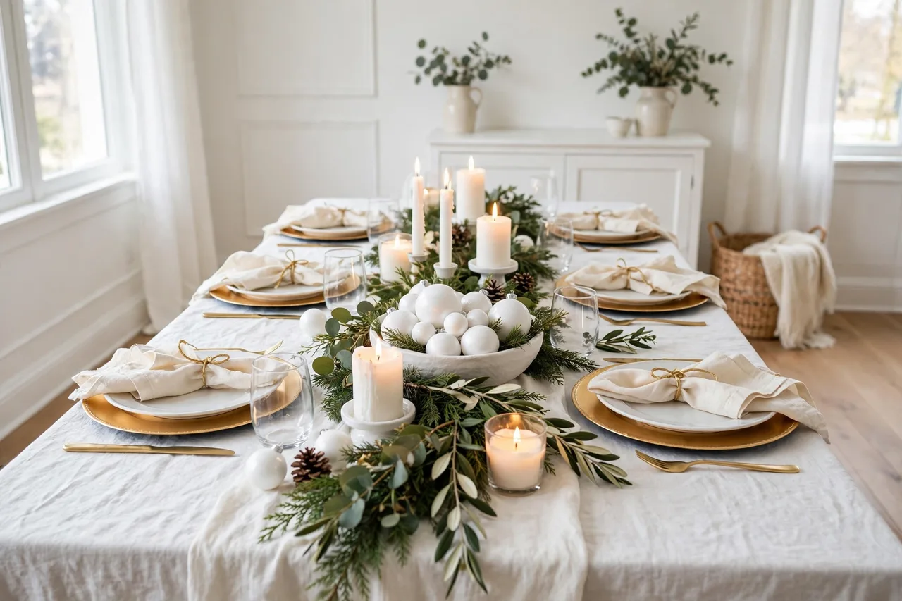 Elegant white and gold Christmas table with candles and gold chargers