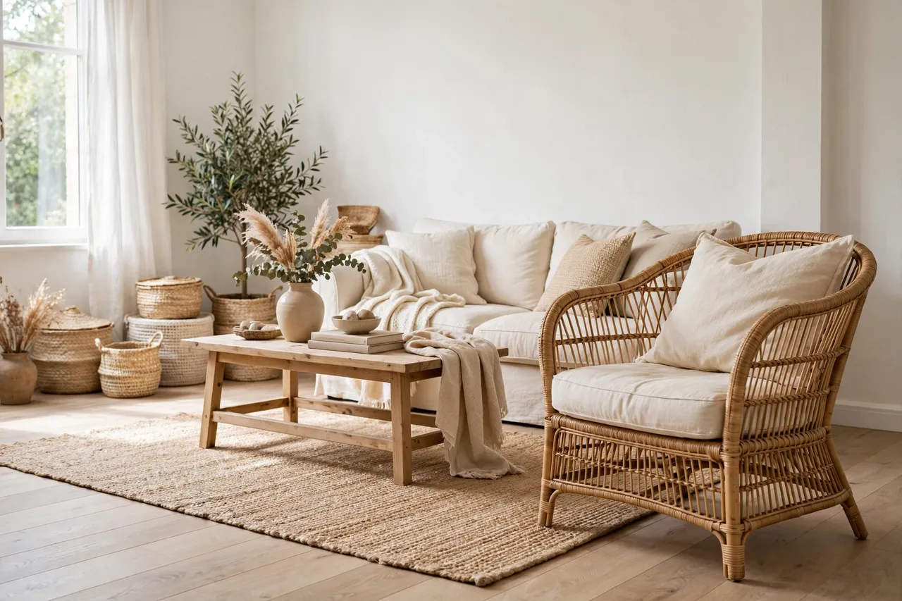 Rattan basket and armchair with a natural jute rug on light wooden floors